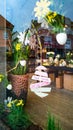 Window of closed interior decor store on Easter.Words in German Frohe Ostern meaning Happy Easter on wooden egg