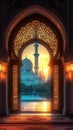 Window concept for Eid ul Fitr Islamic lantern, mosque background