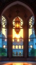 Window concept for Eid ul Fitr Islamic lantern, mosque background