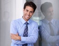 Window, crossed arms and portrait of businessman in workplace with confidence, pride and ambition. Corporate Royalty Free Stock Photo