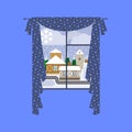 Window curtain with winter city landscape Royalty Free Stock Photo