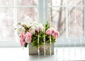 Window with curtains and flowers Royalty Free Stock Photo