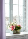 Window with curtains and flowers Royalty Free Stock Photo