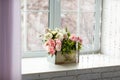 Window with curtains and flowers Royalty Free Stock Photo