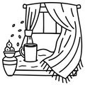 Window with curtains, a mug, a vase with fruit, and scattered seeds in a black and white line drawing Royalty Free Stock Photo