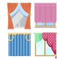 Window curtains and room blinds jalousie for house or creative home interior vector illustration.
