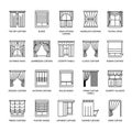 Window curtains, shades line icons. Various room darkening decoration, lambrequin, swag, french curtain, blinds and