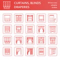 Window curtains, shades line icons. Various room darkening decoration, lambrequin, swag, french curtain, blinds and Royalty Free Stock Photo