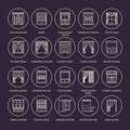 Window curtains, shades line icons. Various room darkening decoration, lambrequin, swag, french curtain, blinds and Royalty Free Stock Photo