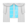 Window curtains. White curtans and windows. Vector