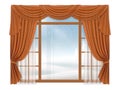 Window with curtains and winter landscape outside