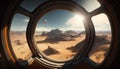 Window in the desert with view of the planet Mars and the moon
