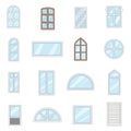 Window design types icons set, cartoon style