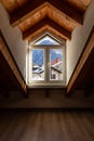 Window detail with a view of Swiss snow-capped mountains