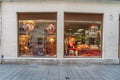 Feb 4, 2020 - Salzburg, Austria: Window display of mozartkugel candy on the street of Getreidegasse Royalty Free Stock Photo