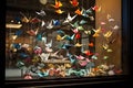 window display of origami birds, flying freely in the breeze Royalty Free Stock Photo