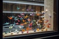 window display of origami birds, flying freely in the breeze Royalty Free Stock Photo