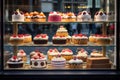 a window display of a variety of cakes,