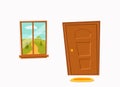 Window and door cartoon colorful vector illustration with valley summer sun landscape Royalty Free Stock Photo