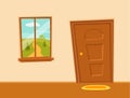 Window and door cartoon colorful vector illustration with valley summer sun landscape Royalty Free Stock Photo