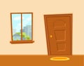 Window and door cartoon colorful vector illustration with valley summer sun landscape Royalty Free Stock Photo