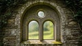 Window embedded in a rustic wall featuring intricate Celtic style Royalty Free Stock Photo