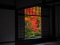 Window of Enlightenment with colorful trees in autumn at Genko-an Temple