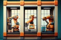 window factory, with robotic arms and conveyor belts moving seamlessly to create plastic windows