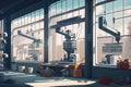 window factory, with robotic arms and conveyor belts moving seamlessly to create plastic windows