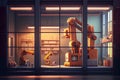 window factory, with robotic arms and conveyor belts moving seamlessly to create plastic windows