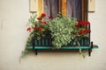 Window with flower arrangement in village house Royalty Free Stock Photo