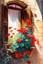 Window flower box with red flowers, summer sunny day, old house, digital watercolor painting Royalty Free Stock Photo