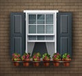 Window with flower pots on a wall. Cartoon house element. Close up view of nice white framed window with flowers Royalty Free Stock Photo