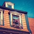 Window with flowerbox in old garret roof.