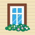 Window with Flowers in House. Street View on Wall.