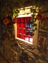 The window between the flowers. An old window with historical appearance