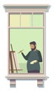 Window frame with man painting inside. Artist neighbor