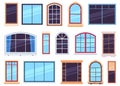 Window frames. Exterior view various wooden and detailed plastic windows, casement frames on house wall architecture Royalty Free Stock Photo