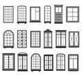 Window frames. Vintage framing windows, blank decorative glass frame construction. Black silhouettes vector set