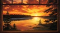 a window framing a spectacular sunset, with warm hues painting the sky