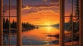 a window framing a spectacular sunset, with warm hues painting the sky