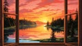 a window framing a spectacular sunset, with warm hues painting the sky Royalty Free Stock Photo