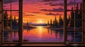 a window framing a spectacular sunset, with warm hues painting the sky Royalty Free Stock Photo