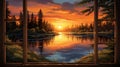 a window framing a spectacular sunset, with warm hues painting the sky