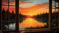 a window framing a spectacular sunset, with warm hues painting the sky