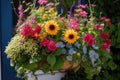 window garden with sunflowers, gerbera daisies, and borage in hanging basket