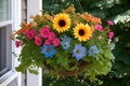 window garden with sunflowers, gerbera daisies, and borage in hanging basket