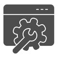 Window with gear and wrench solid icon. Web application control settings symbol, glyph style pictogram on white Royalty Free Stock Photo