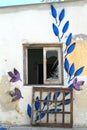 Window glass broken abandoned house wall facade flowers