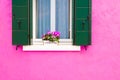 Window with green shutters on the pink wall Royalty Free Stock Photo